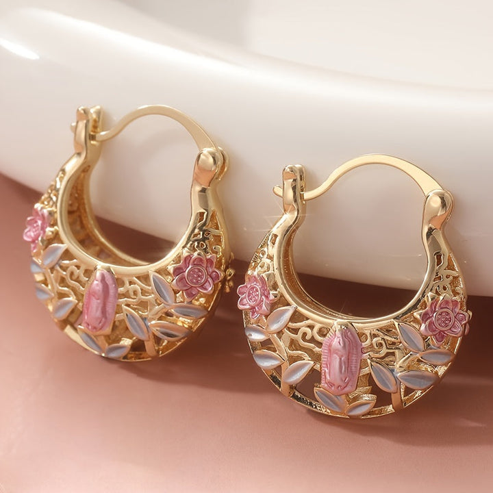 Pozlacené vintage boho náušnice s růžovými květy
