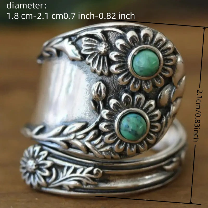 Široký stříbrný vintage prsten s květy z tyrkysu
