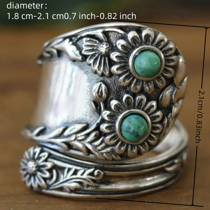 Široký stříbrný vintage prsten s květy z tyrkysu