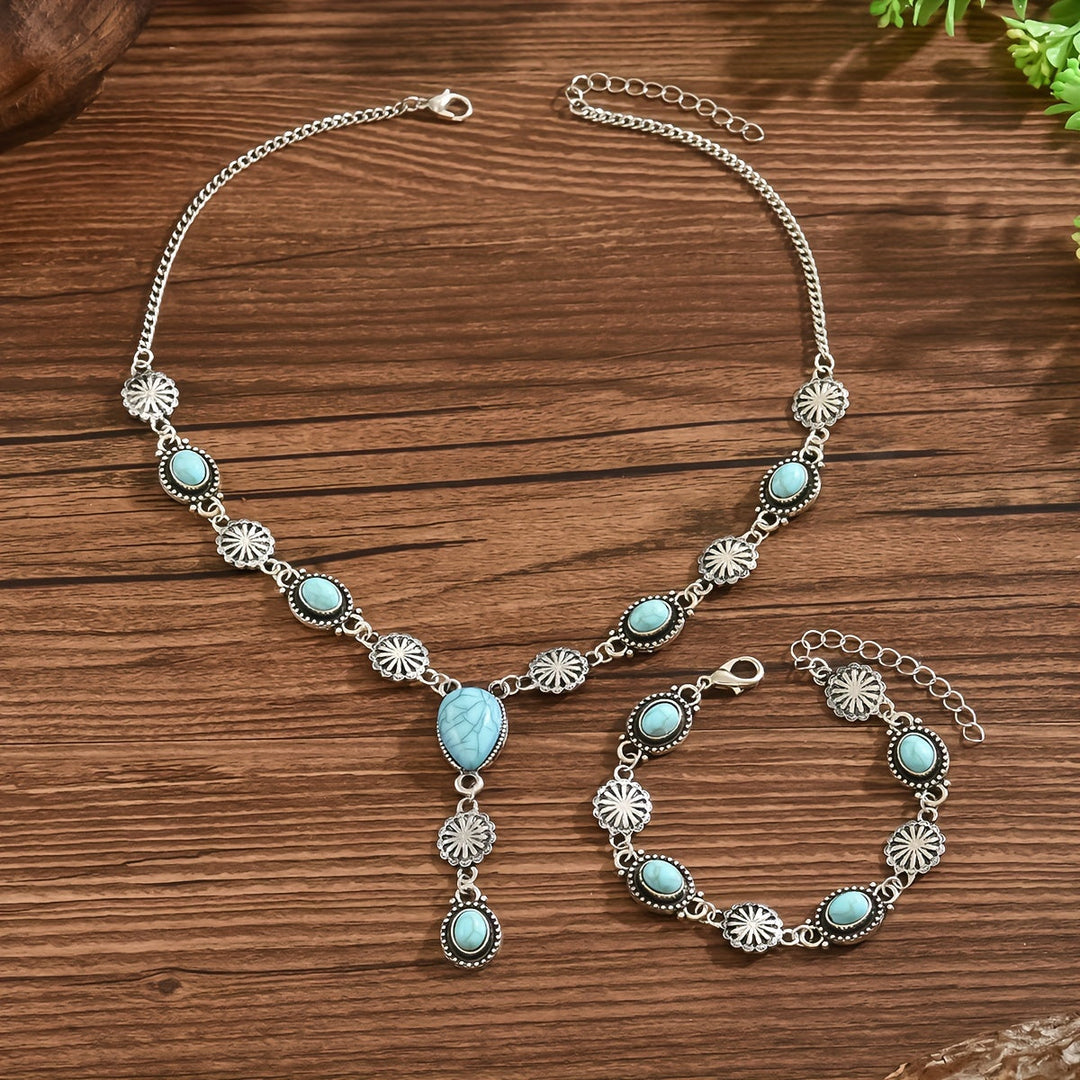 Boho set z náhrdelníku a náramku s tyrkysovými a stříbrnými květy