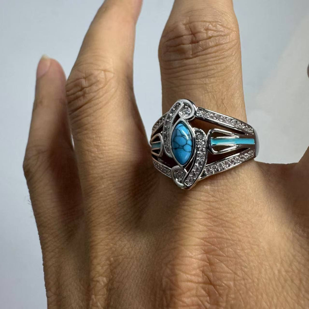 Elegantní boho prsten s tyrkisem, ve stříbrné barvě