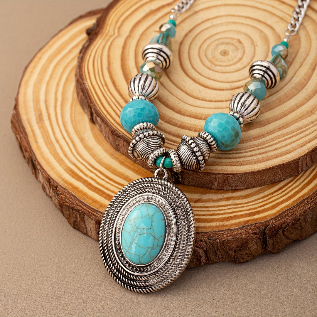 Boho-perlový náhrdelník s oválným tyrkysovým přívěskem