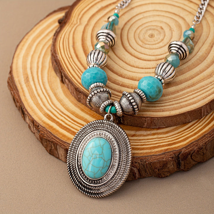 Boho-perlový náhrdelník s oválným tyrkysovým přívěskem