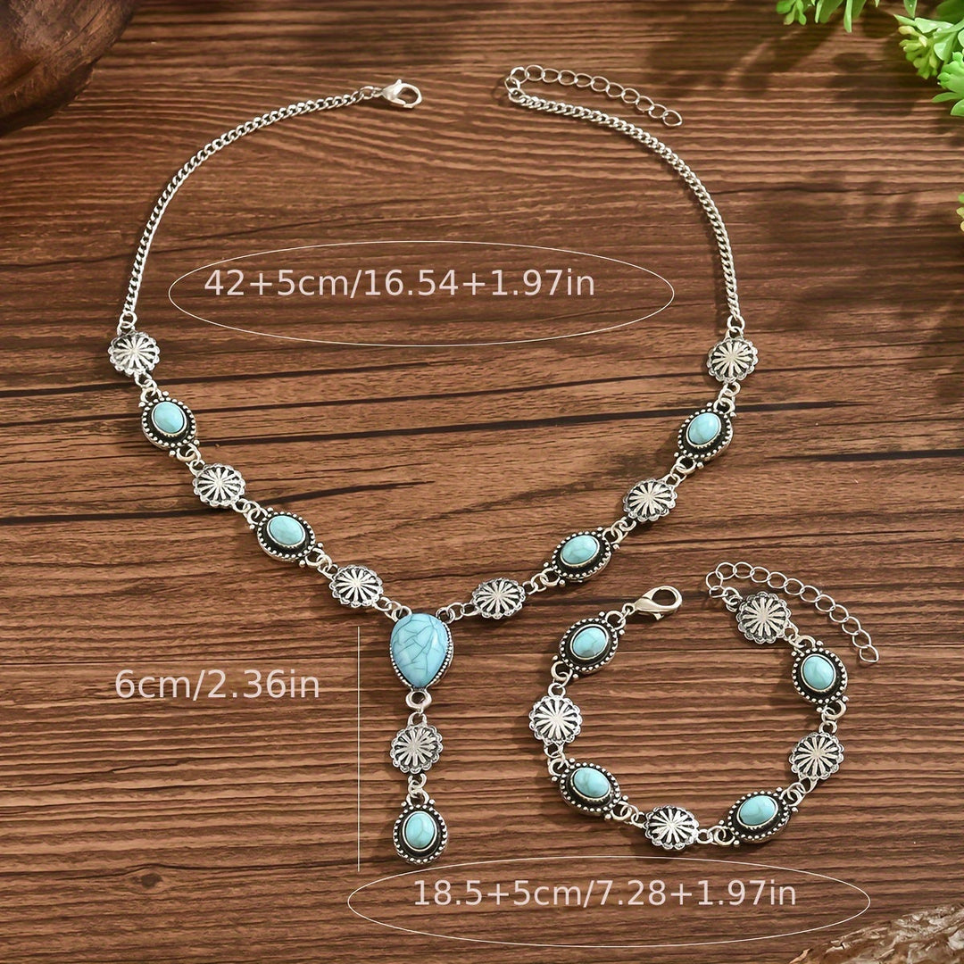 Boho set z náhrdelníku a náramku s tyrkysovými a stříbrnými květy