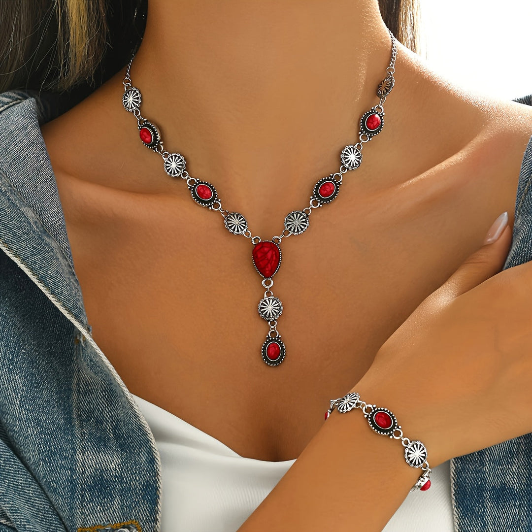 Boho set z náhrdelníku a náramku s tyrkysovými a stříbrnými květy