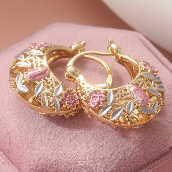 Pozlacené vintage boho náušnice s růžovými květy