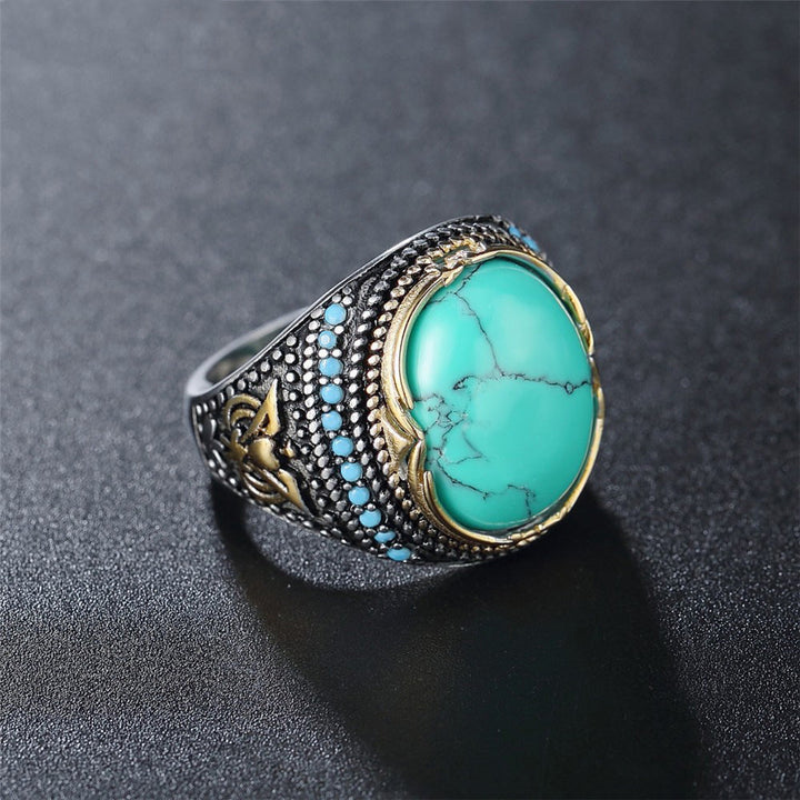 Širší, stříbrný Boho prsten v retro stylu s tyrkisem