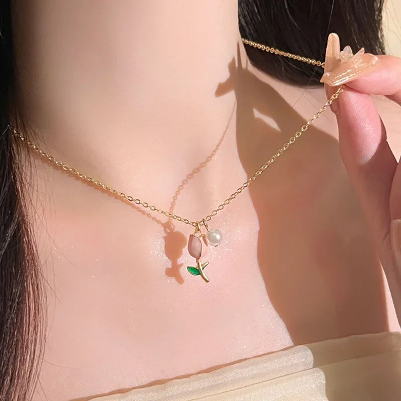 Náhrdelník a náušnice set Růžový Tulipán