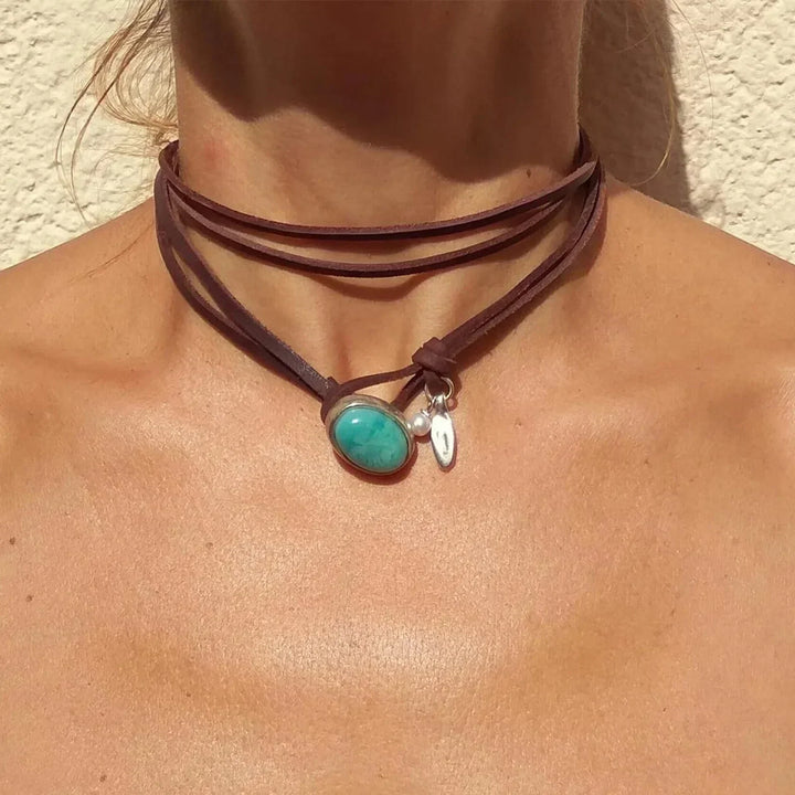 Vintage-Boho-náhrdelník s tyrkysovým přívěskem