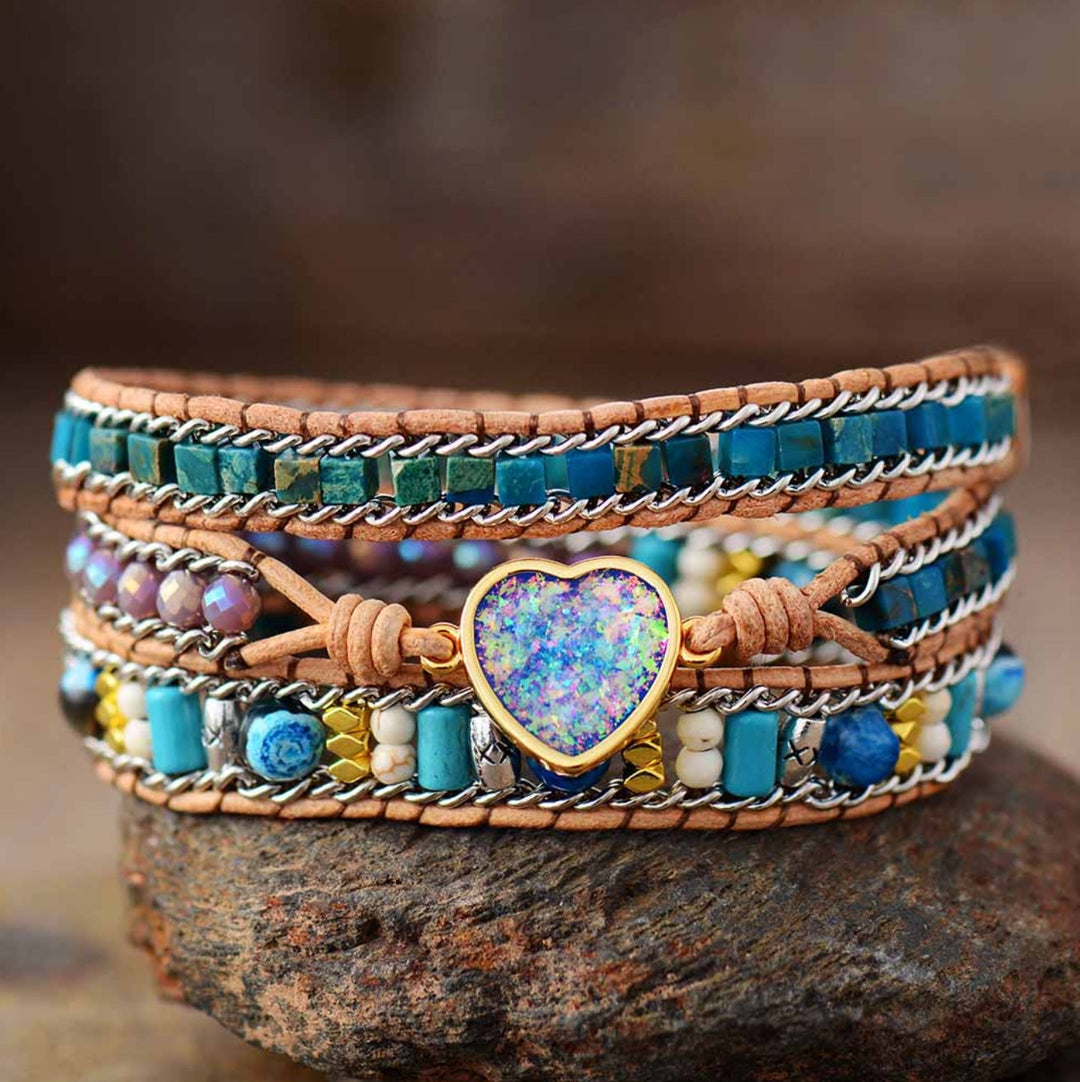 Boho-wickelarmband z kůže s jaspisem a opálem