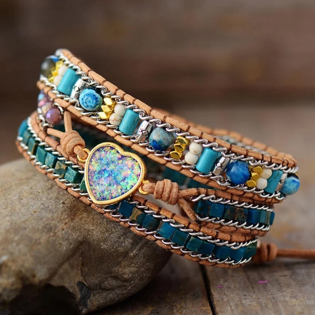 Boho-wickelarmband z kůže s jaspisem a opálem
