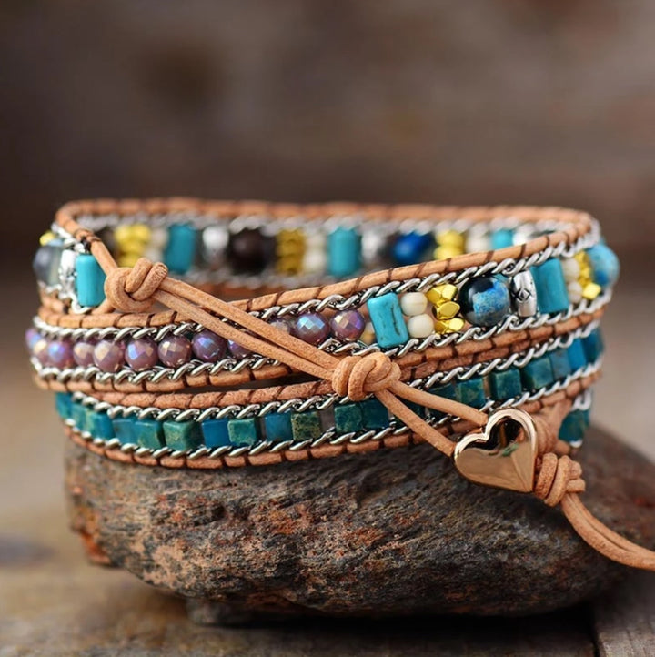 Boho-wickelarmband z kůže s jaspisem a opálem