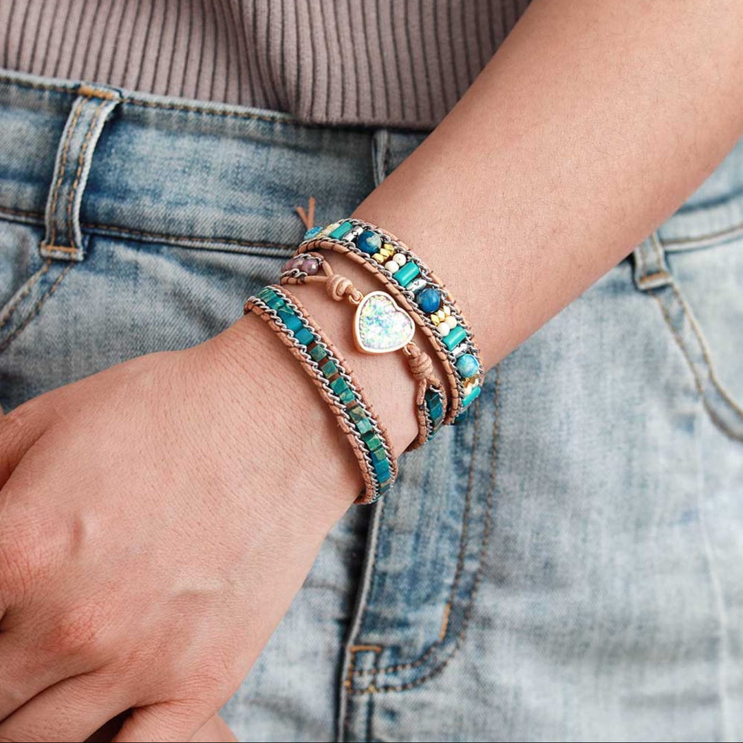 Boho-wickelarmband z kůže s jaspisem a opálem