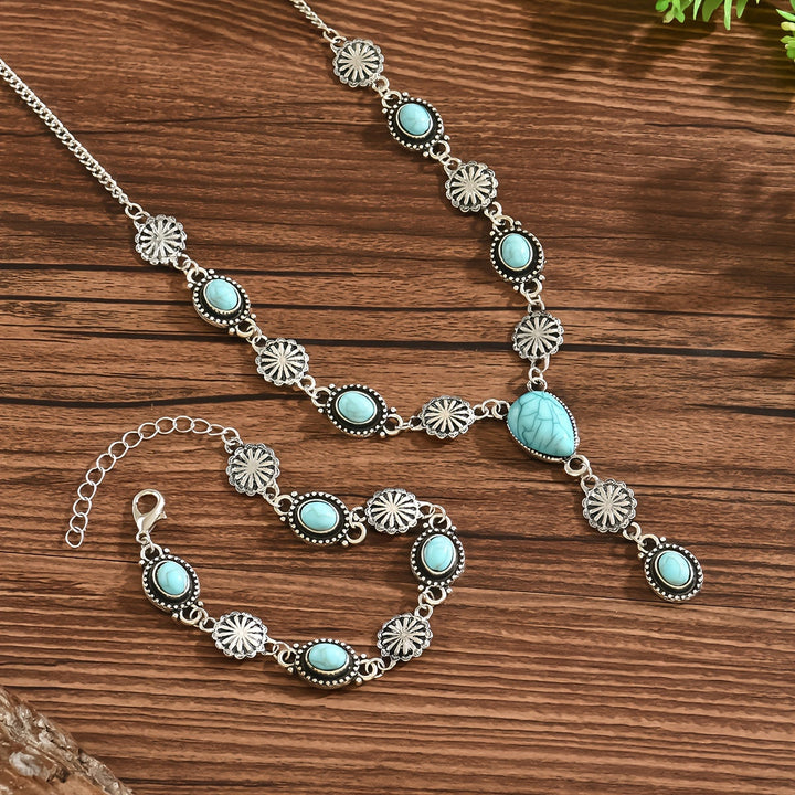 Boho set z náhrdelníku a náramku s tyrkysovými a stříbrnými květy