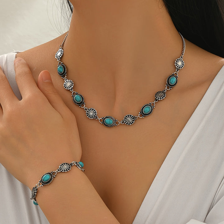Boho set z náhrdelníku a náramku s tyrkysovými a stříbrnými květy