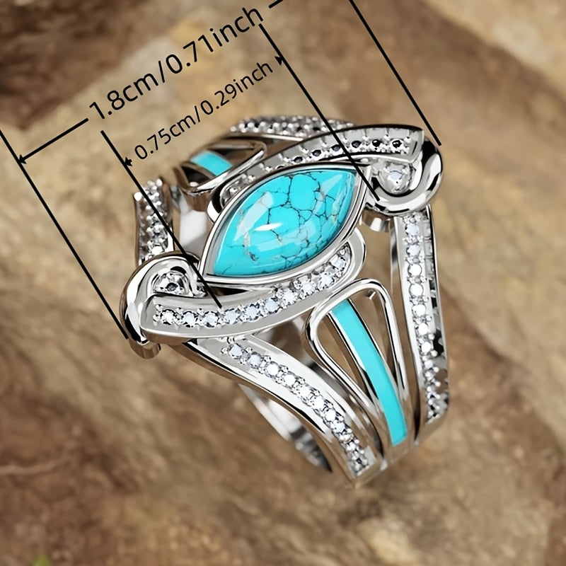 Elegantní boho prsten s tyrkisem, ve stříbrné barvě