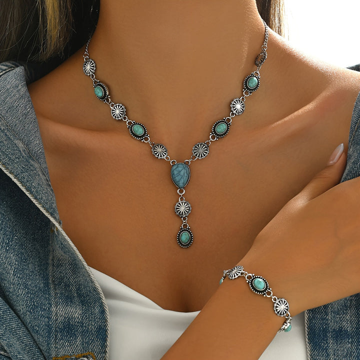 Boho set z náhrdelníku a náramku s tyrkysovými a stříbrnými květy