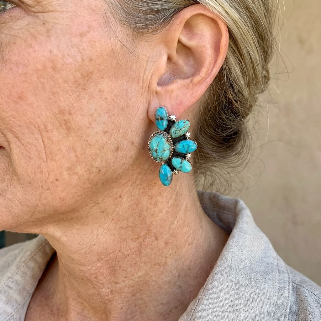 Boho náušnice ve vintage stylu s květy tyrkysu