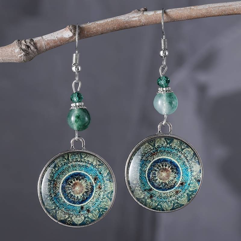 Vintage modré visací kulaté mandala náušnice