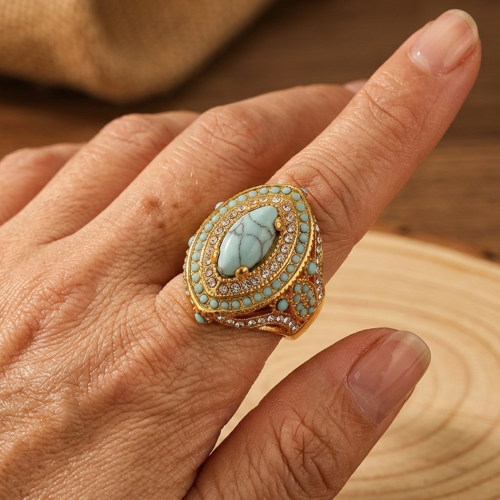 Luxusní Boho-vintage prsten s tyrkysovou a syntetickými drahokamy
