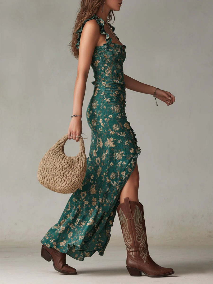 Zara | Retro boho maxi šaty s volnými rukávy a bočním rozparkem